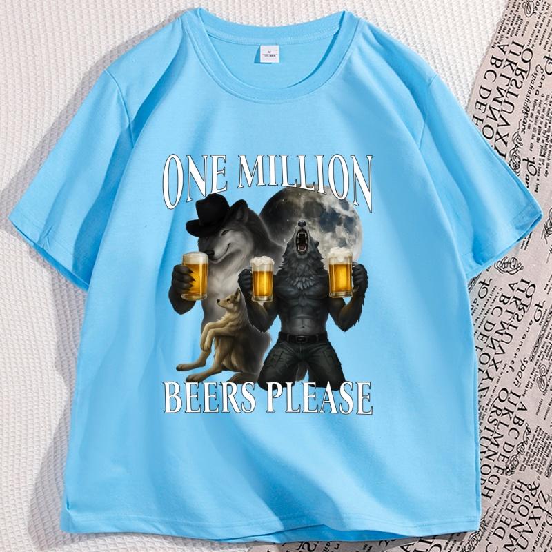 

One Million Beers Wolf Meme TShirt Men Funny Werewolf Meme T Shirt Humor Short Sleeve Beer Tee Shirts Clothes 4XL