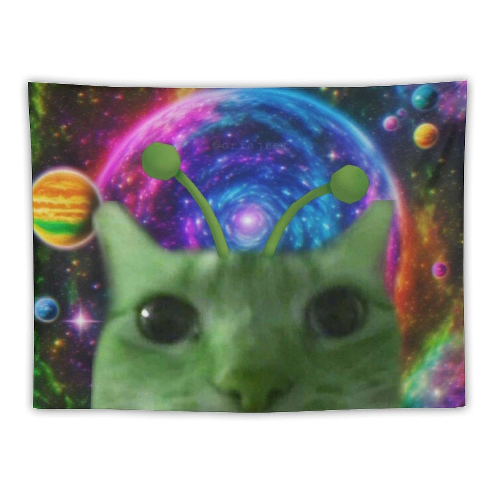 

Whimsical GreenEyed Tabby Cat Tapestry Cute Kitten with Planets Stars PinkPurple Nebula Design Soft Fabric Wall Decor 74x94cm(29x37in)