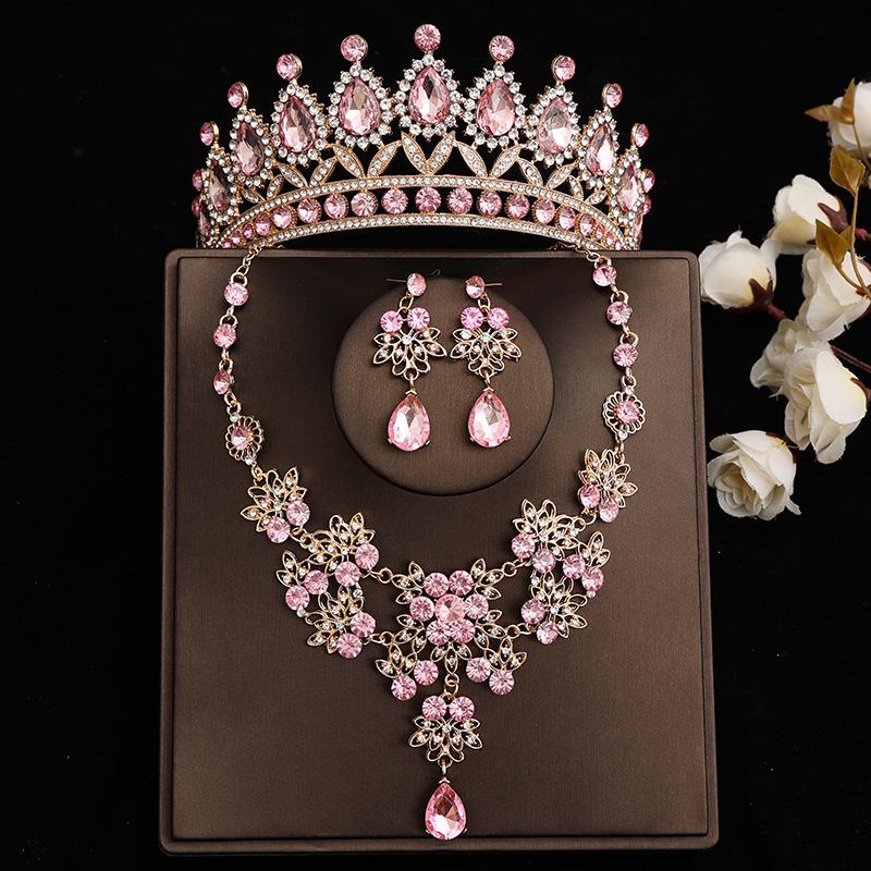 Pink Bridal Crown Three Piece Suit Wedding Crown Tiara Necklace Earrings Korean Super Fairy Wedding Dress Accessories