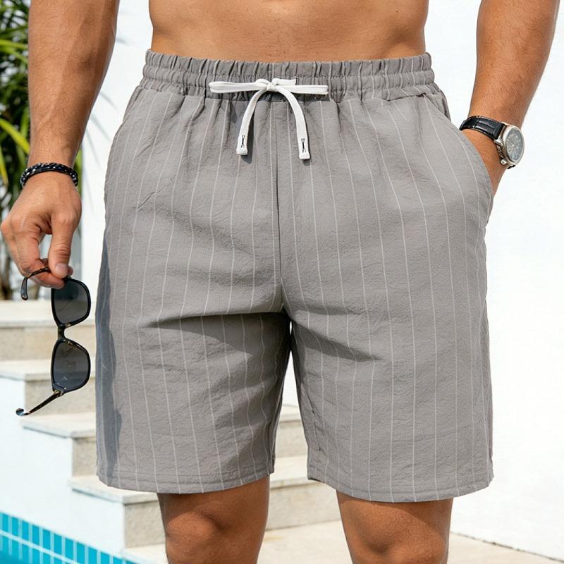 Mens Striped Linen Drawstring Beach Shorts Summer Casual