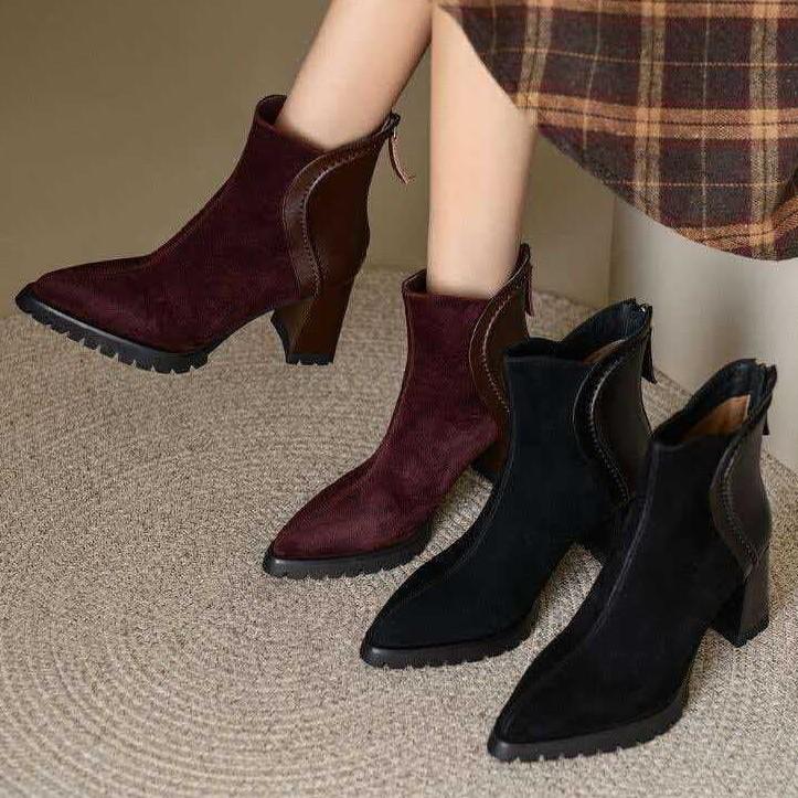 Retro wind waterproof table splicing thick heel short boots women's autumn and winter new pointed thick sole high heel versatile fashion boots