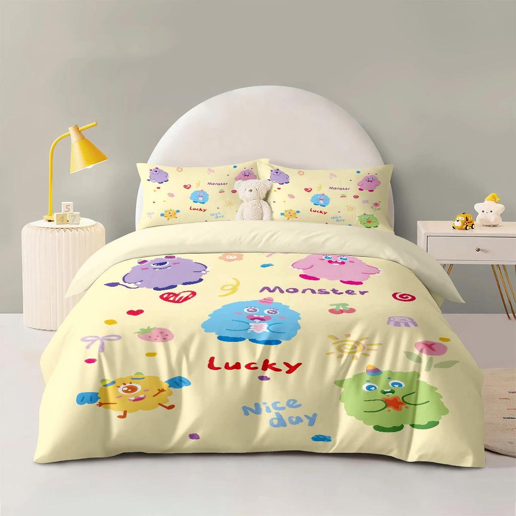 Cute Monster Printing Bedding Set Little Monster Pattern Duvet Cover With pillowcase for Kids Teens Bedroom Decor