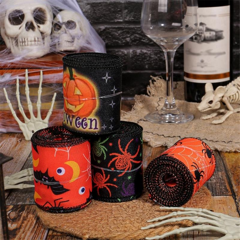 Halloween Theme Wide Ribbon for Halloween Celebration Decors 2.5inch Wire Edged Wide Ribbon 5 Yard for Festival Decors