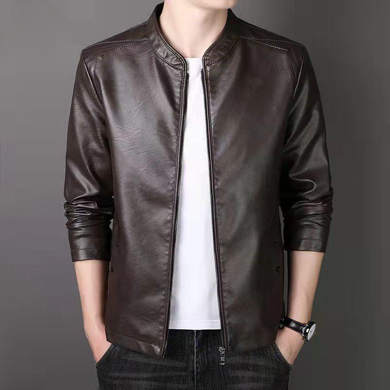 Men's Leather Jacket Autumn and Winter New Trend Versatile Casual Stand Collar Large Size Plus Fleece Leather Jacket for Men