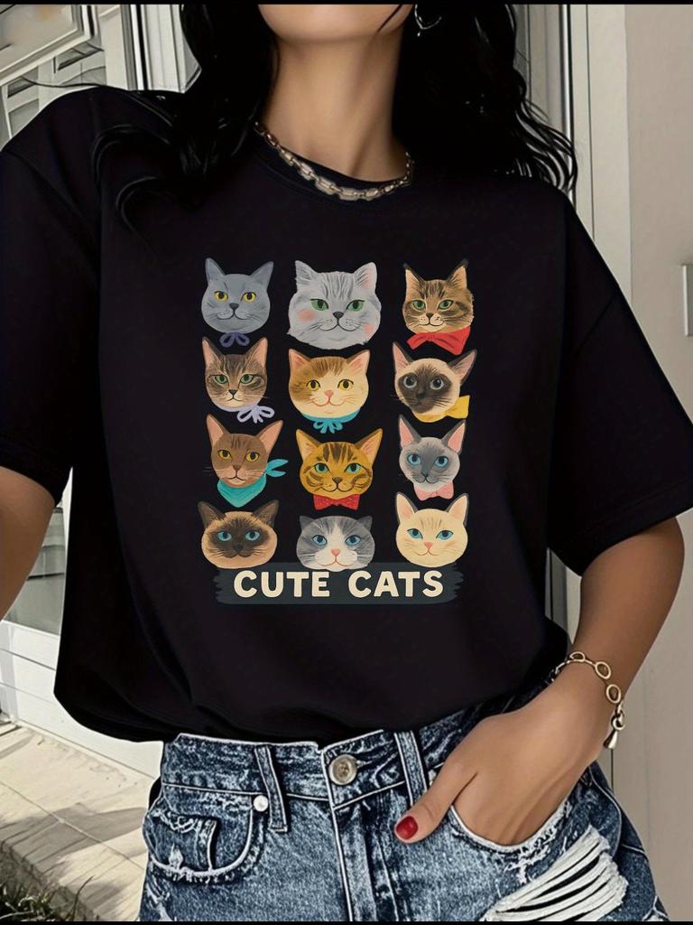 Womens Casual Short Sleeved Round Neck T-shirt with Various Cute Cat Patterns Printed Summer Womens Tops Casual Clothing