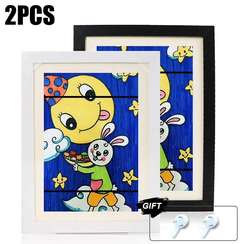 2 PCS Kids Art Frame Set A4 Size Wooden Replaceable Photo Display Kids Artwork Organizer Home Office Painting Display