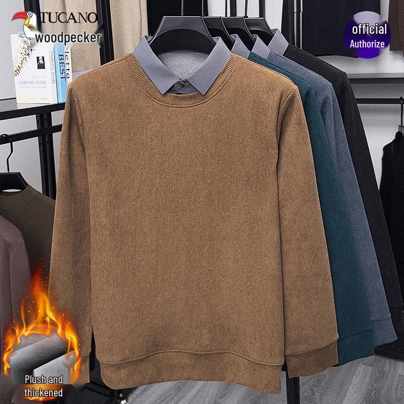 Woodpecker Men's Winter Two-Piece Sweater with Velvet Lining - Thick, Warm, Casual Shirt Collar for Middle-Aged Dads