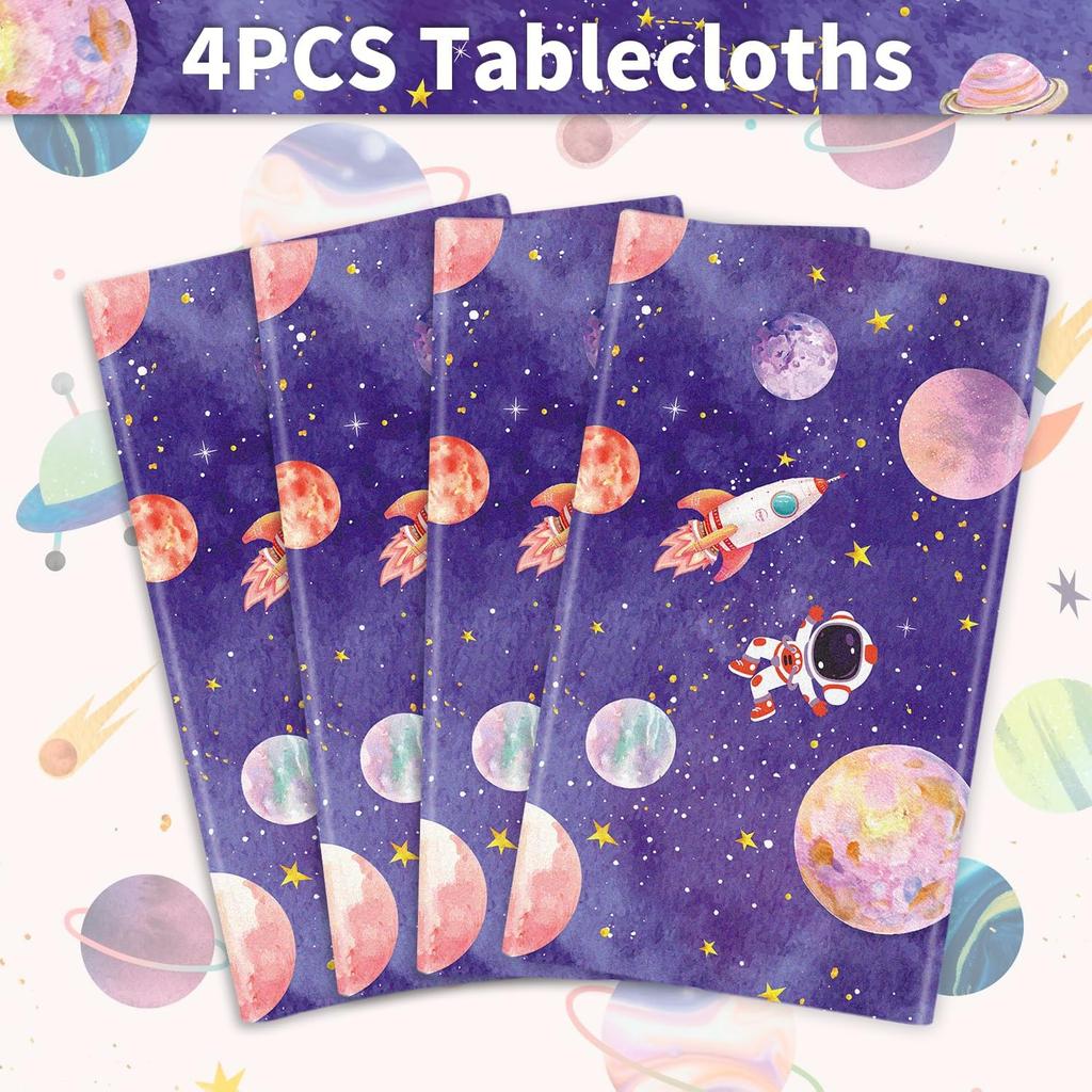 4 Pack Galaxy Tablecloth - Astronaut Rocket Table Cover - Space Planet Decorations - 86 X 51 Inch
