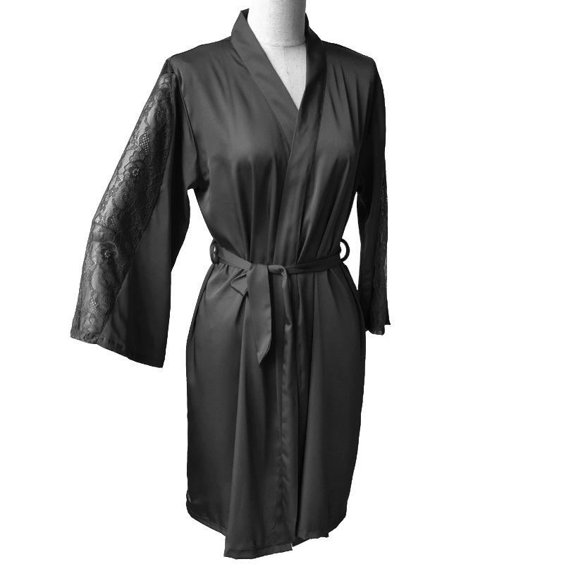 Elegant Lace Kimono Nightgown Robe - Women's All-Season Silk-Feel Homewear