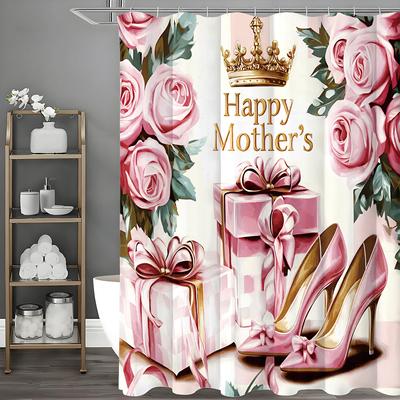 Happy Mother's Day Pink Rose Crown Gift High Heels Botanical Shower Curtain, Bathroom Decorative Shower Curtain, Waterproof Show