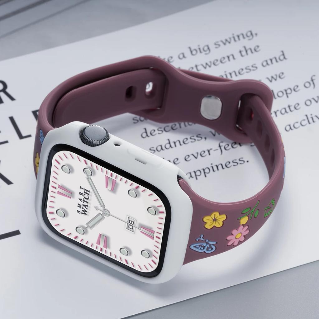 Cute Color Flowers Silicone Strap Case For Apple Watch 42mm 46mm 44 40mm 49 45 38 41mm Girl Slim Band For Iwatch 10 9 8 SE 7 6 5