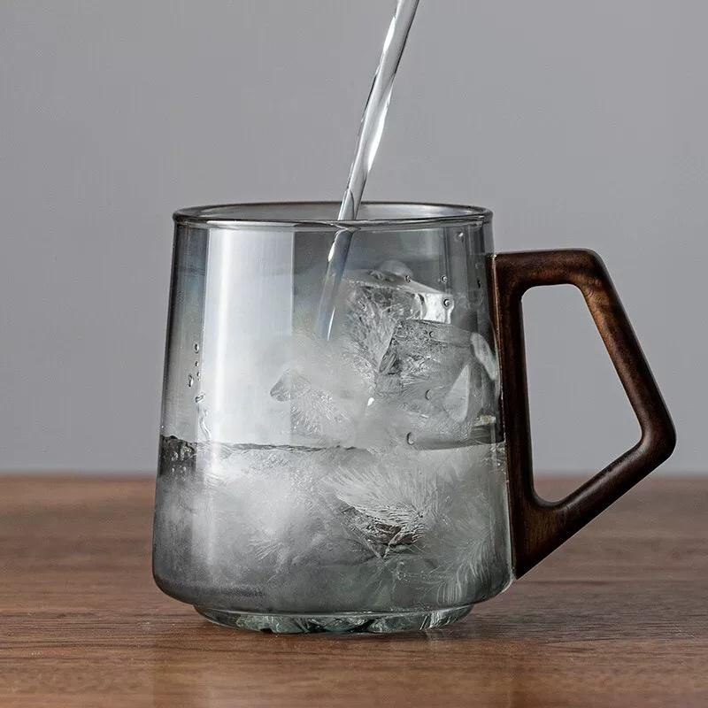 400ml Bottom Mountain View Glass Tea Cup Coffee Mug with Wooden Handle High Temperature Resistance Scented Tea Water Cup