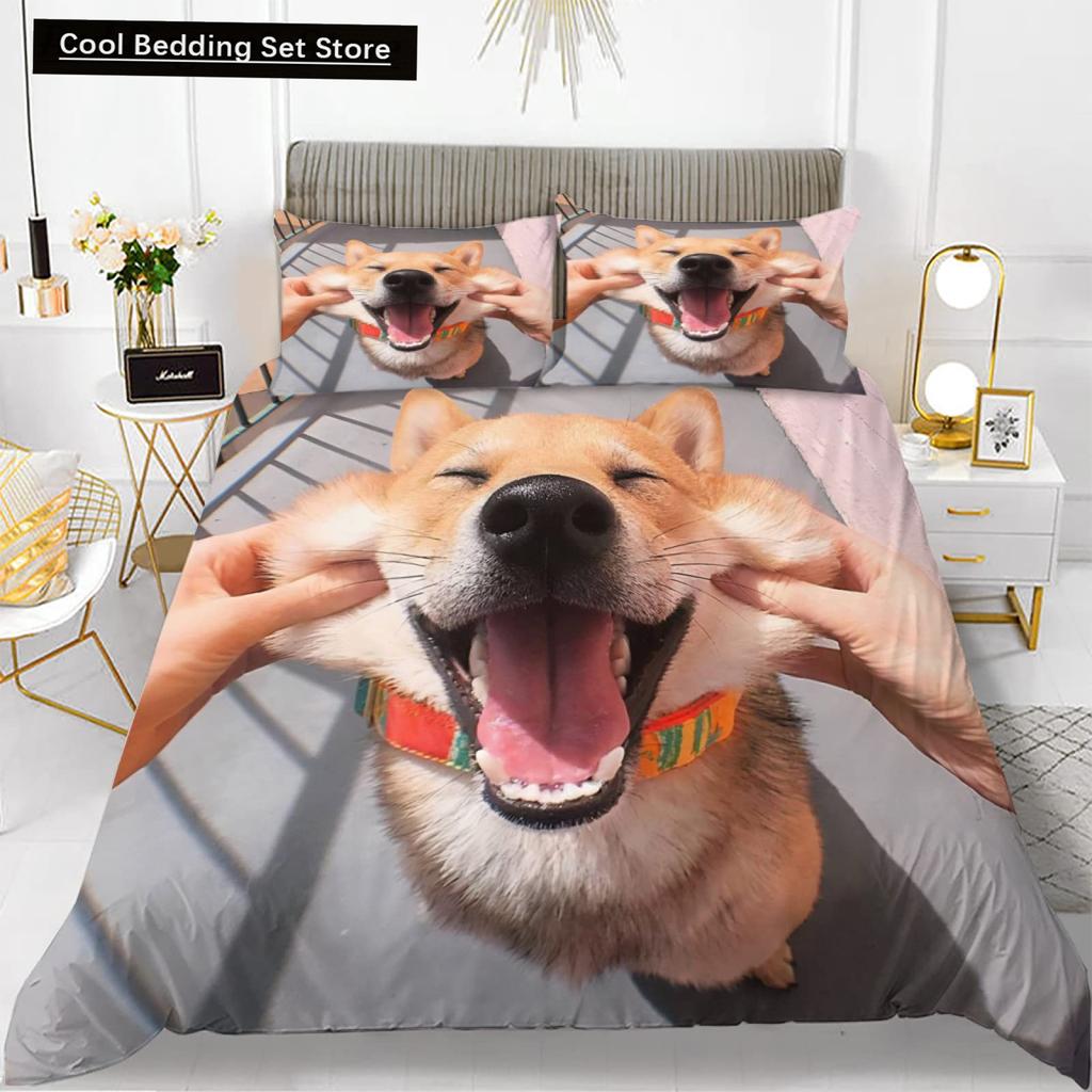Yellow Shiba Inu King Queen Bedding Set Lovely Puppy Duvet Cover Family Pet Animal Quilt Cover 2/3pcs Polyester Comforter Cover