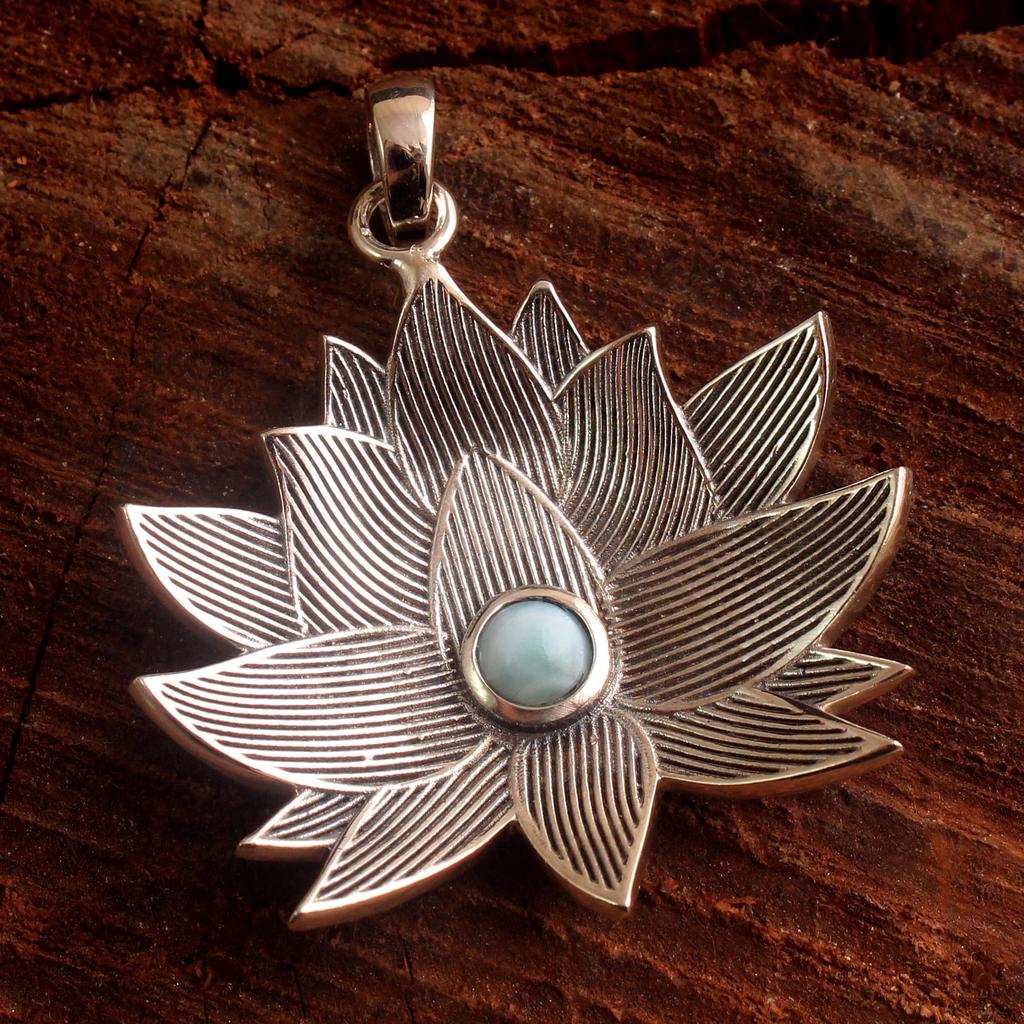 Larimar Moonstone Lotosový přívěsek Solid 925 Sterling Silver Jemné šperky Dámský přívěsek