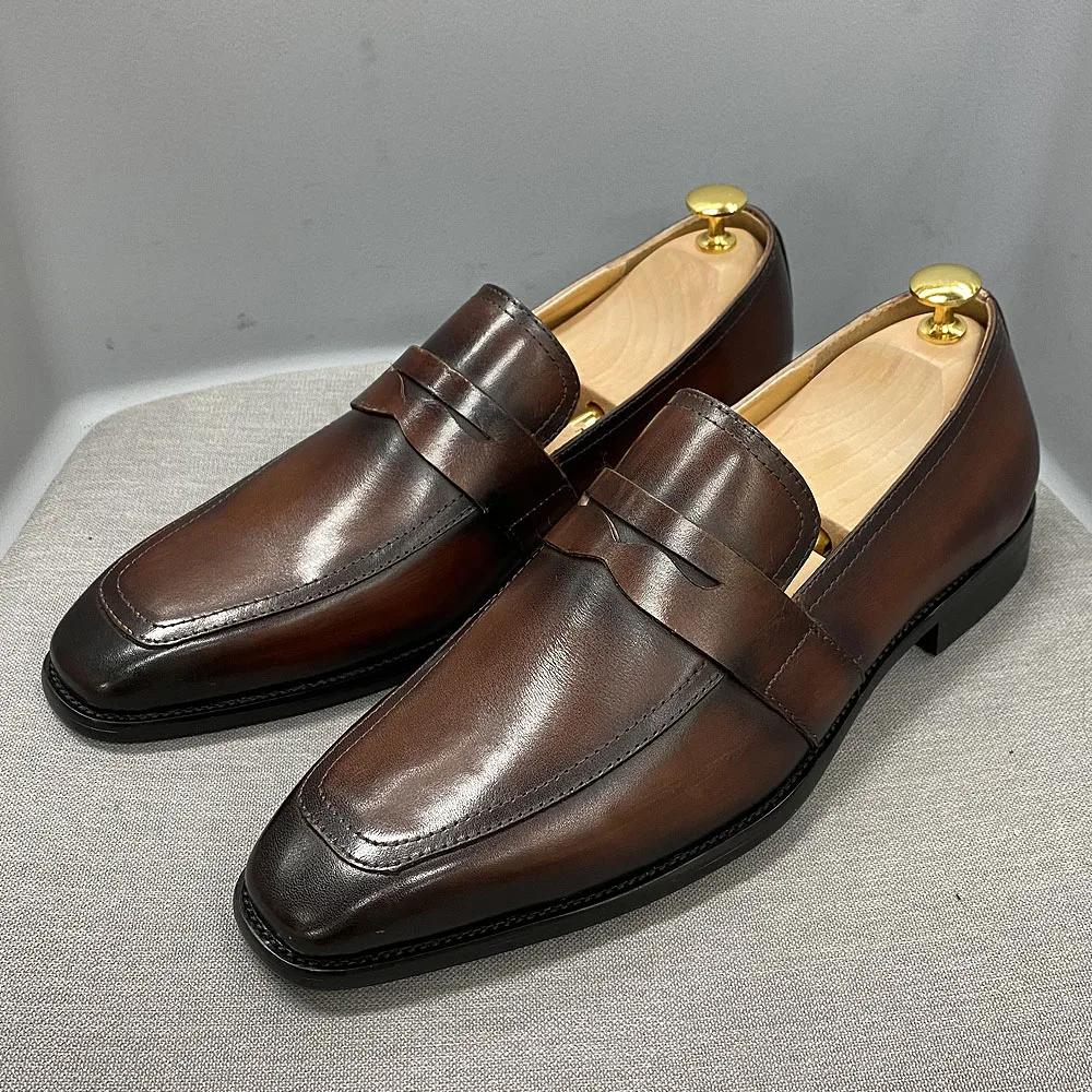 Fashion Size 7 To 12 Classic Mens Penny Loafers Genuine Cow Leather Dress Shoes Brown Handmade Slip on Italian Style Office Formal Shoes