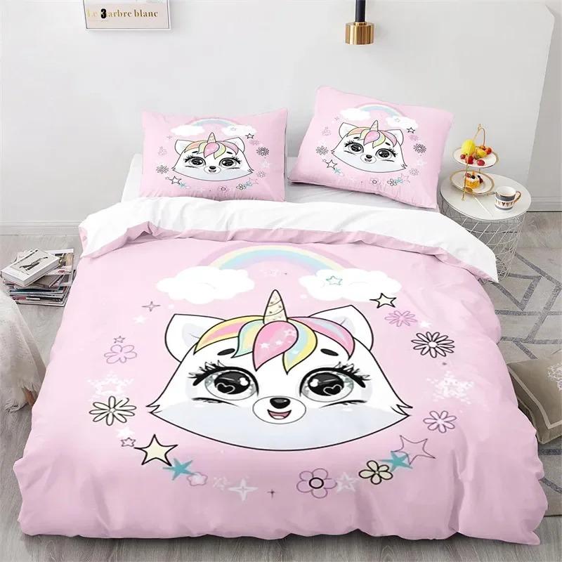 Kids Unicorn Duvet Cover Twin Cartoon Magical Animal Bedding Set Microfiber Cute Rainbow Cat Comforter Cover For Girls Teen Gift