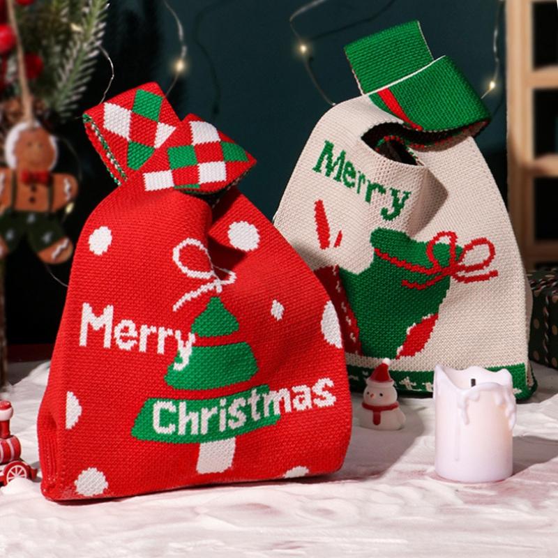 1Pc Santa Claus Knitted Tote Bag - Christmas Knot Wrist Handbag, Reusable Storage Bag for Candy Gift Packaging & Shopping