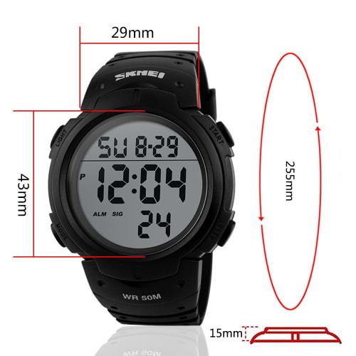 SKMEI Men's Large Dial Sports Watch, 5 ATM Water Resistant, Digital Display, LED Light, Date, Day of the Week, Calendar, Alarm, Plastic Strap, Black