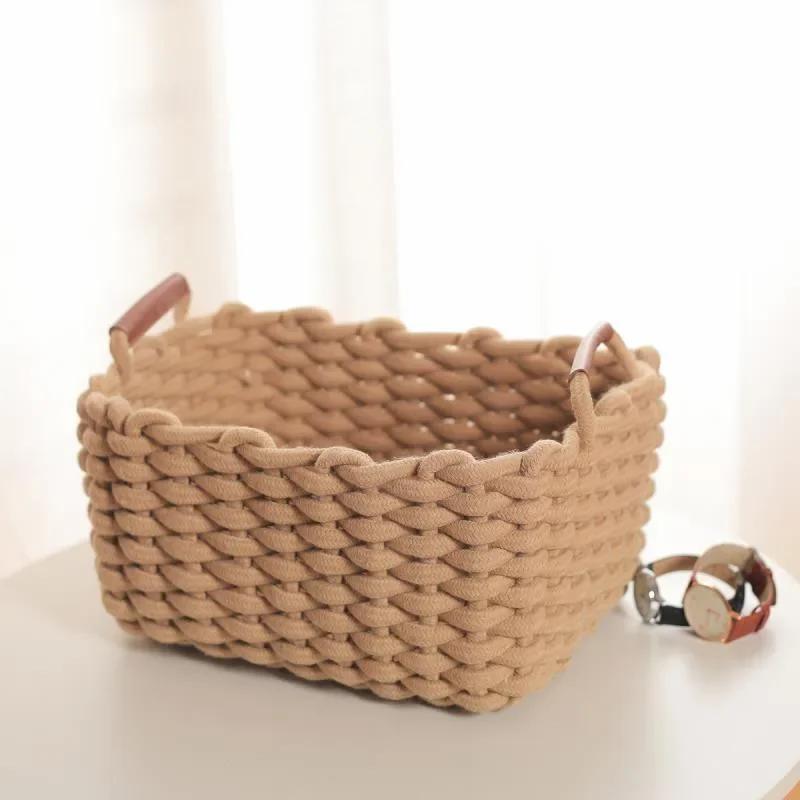 Cotton Rope Woven Storage Basket with Handle Sundries Cosmetic Storage Box Toys Snack Desktop Makeup Organizer Cotton Baskets