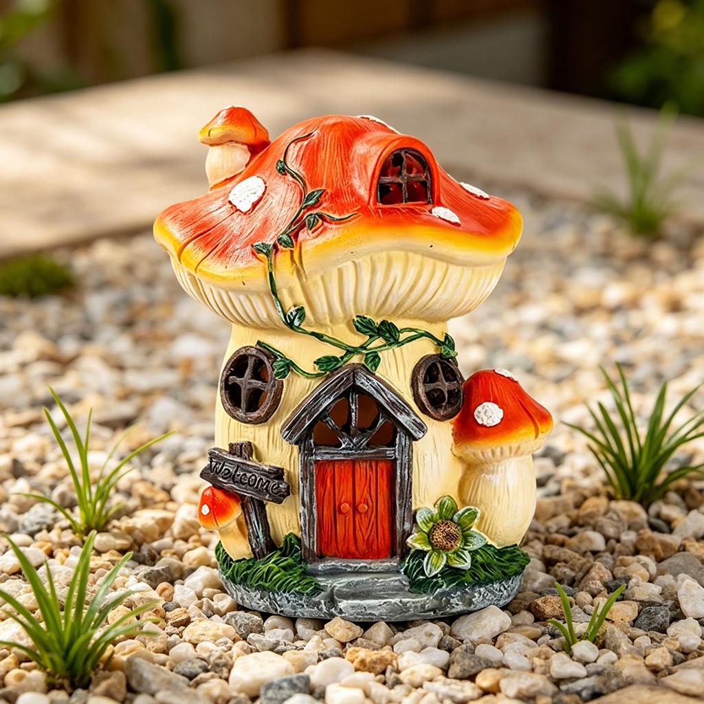 Solar Powered Mushroom House Statue Light IP54 Waterproof Garden Decor Ornament LED for Garden/Yard/Patio/Lawn/Balcony/Pathway
