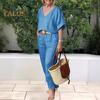 2 Pcs/Set Blouse Pants Set V Neck Long Sleeves Top Wide Leg Loose Elastic Waist Trousers OL Commute Casual Homewear Outfit