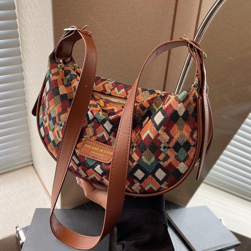 

2025 Модная сумка-мешок премиум-класса Dumpling Bag, вместительная сумка через плечо с ретро-принтом, подмышечная сумка 27*10*15cm кофейный