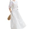 Mittelgroßes Jacquard-Stickerei V-Ausschnitt Baumwoll- und Leinenkleid für Damen 2025 Sommer locker und dünn zum Schnüren in der Taille langer Rock
