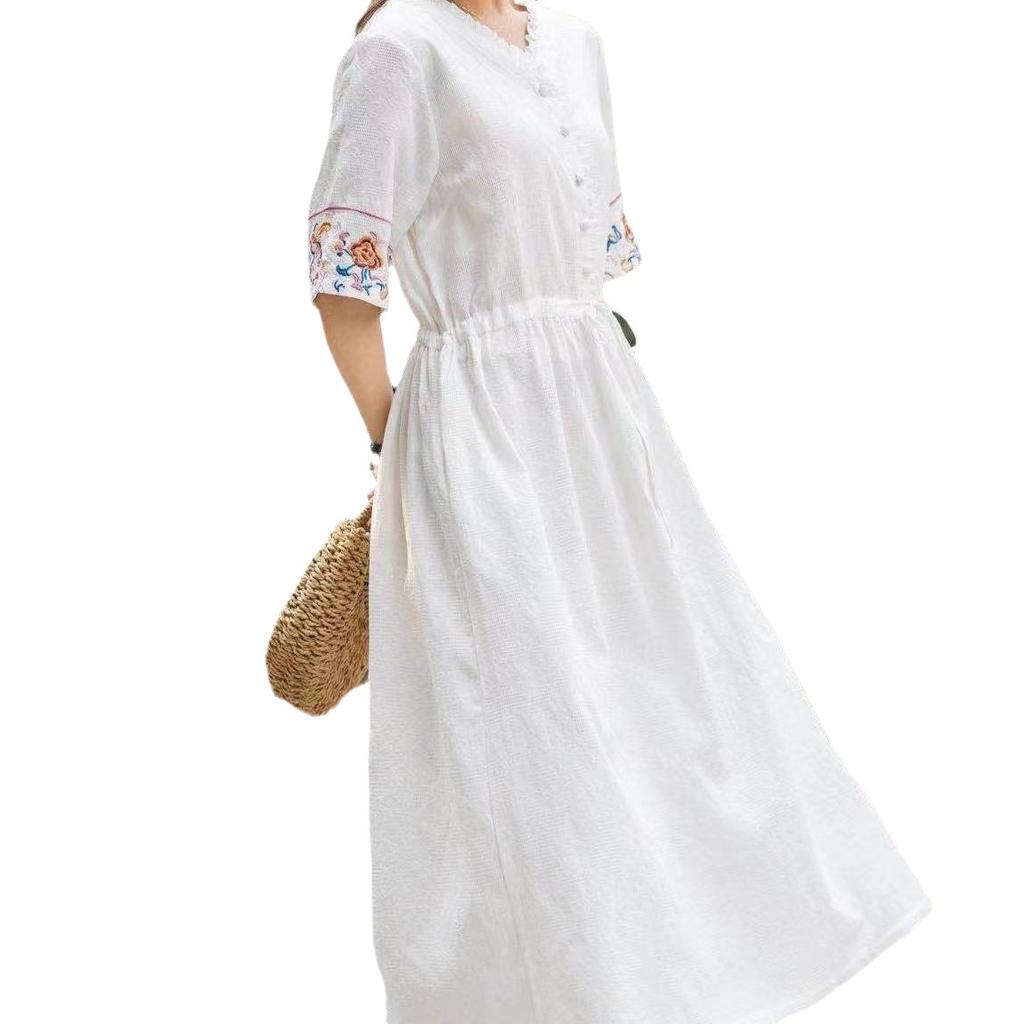 Mittelgroßes Jacquard-Stickerei V-Ausschnitt Baumwoll- und Leinenkleid für Damen 2025 Sommer locker und dünn zum Schnüren in der Taille langer Rock