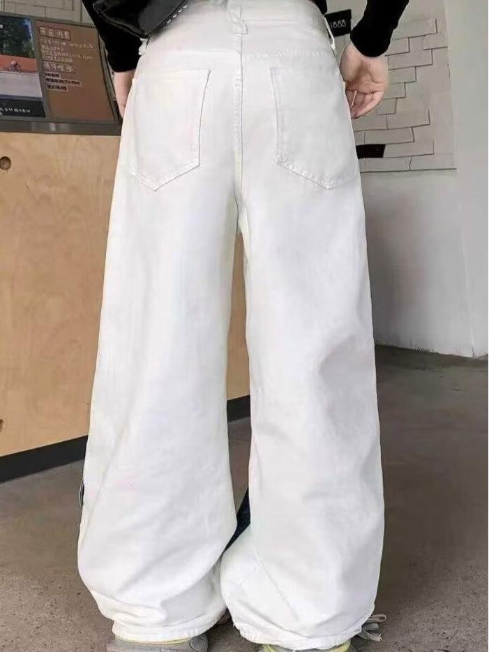 Unisex Floor-Length Color Block Patchwork Wide-Leg Jeans