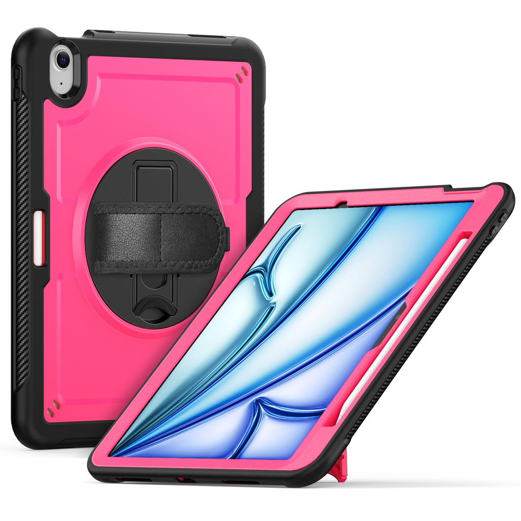 For iPad Air 11 (2025) M3 A3266/(2024) M2 A2902 Case Rotating Kickstand PC+TPE Shockproof Tablet Cover with Hand Strap