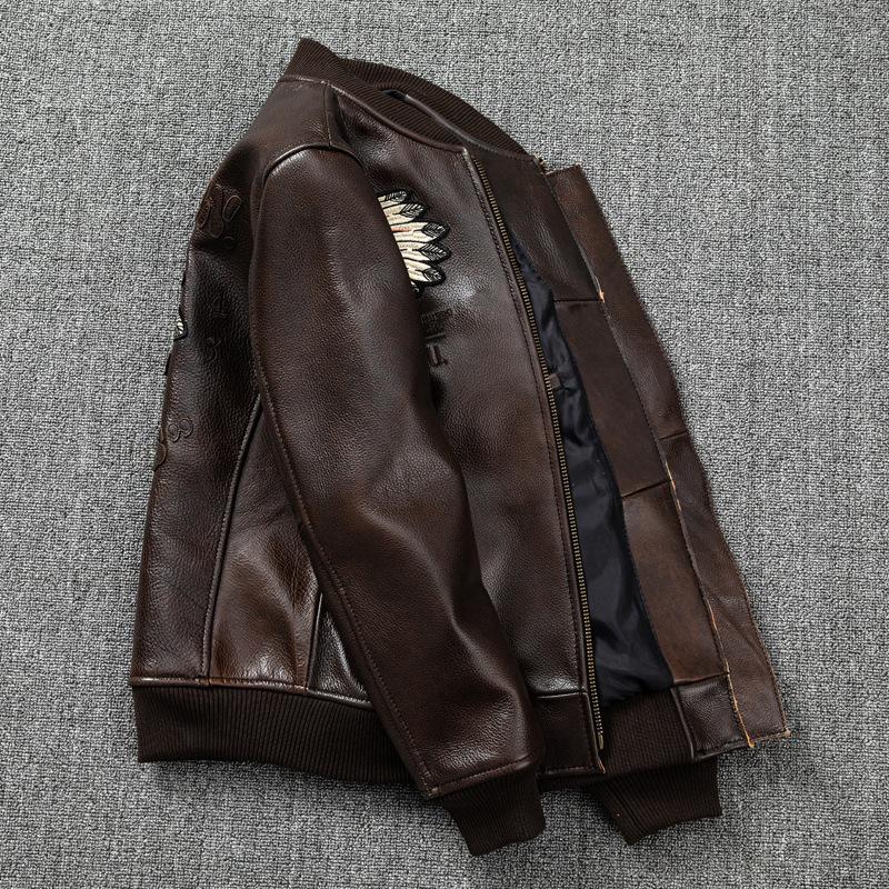 Genuine Leather Jacket Men's Cowhide Oil Wax Tea Core Flight Suit Leather Jacket Large Size Baseball Suit Spring and Autumn