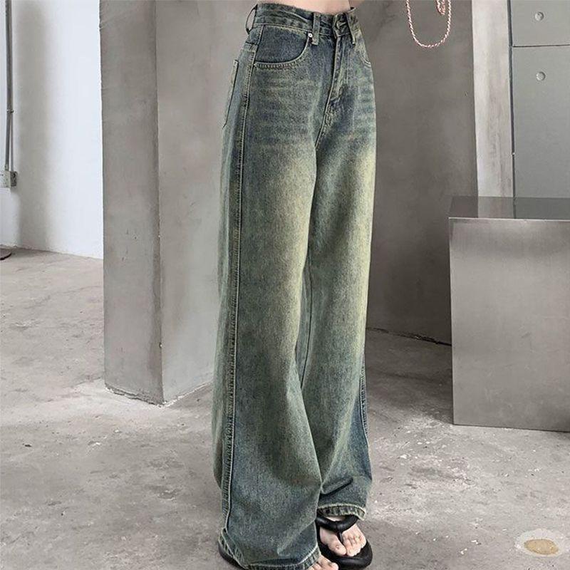 Women's High-Waisted Retro Washed Denim Jeans, Winter Slimming Wide-Leg, Plus Velvet, Floor-Length Straight Pants