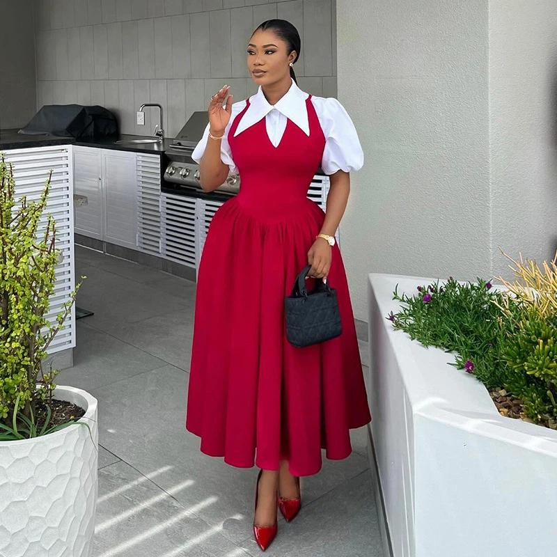 Short Puff Sleeve Sweet Slim Long Women Shirt Dress High Waist Ruched Pleated Beach Streetwear Big Swing Dresses