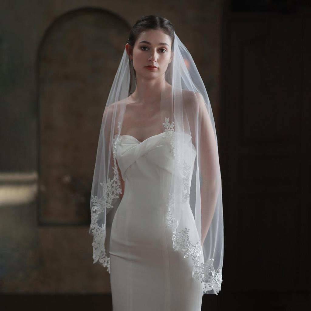 Xinmeiji Women's White Lace Edge Bridal Veil, European & American Style, Single Layer, Wedding & Travel Headpiece V683-1