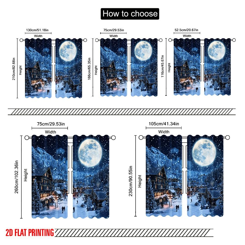 2pcs,2D Plane Printing Popular Curtains Winter Moonlit Village Polyester (without Rod) Decorations Outdoor for Living Room and