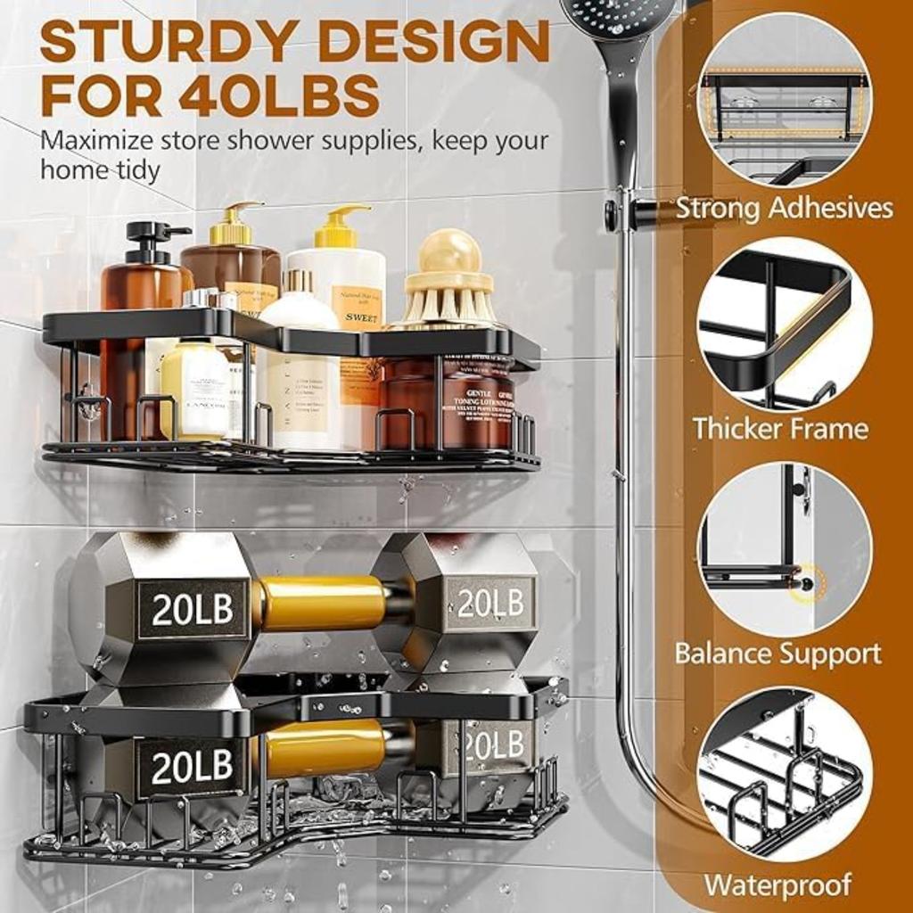 5-Pack Adhesive Shower Caddy - Rustproof Stainless Steel Bath Organizer, No-Drill Installation & Large Capacity | With Soap Dish & Toothbrush Holder