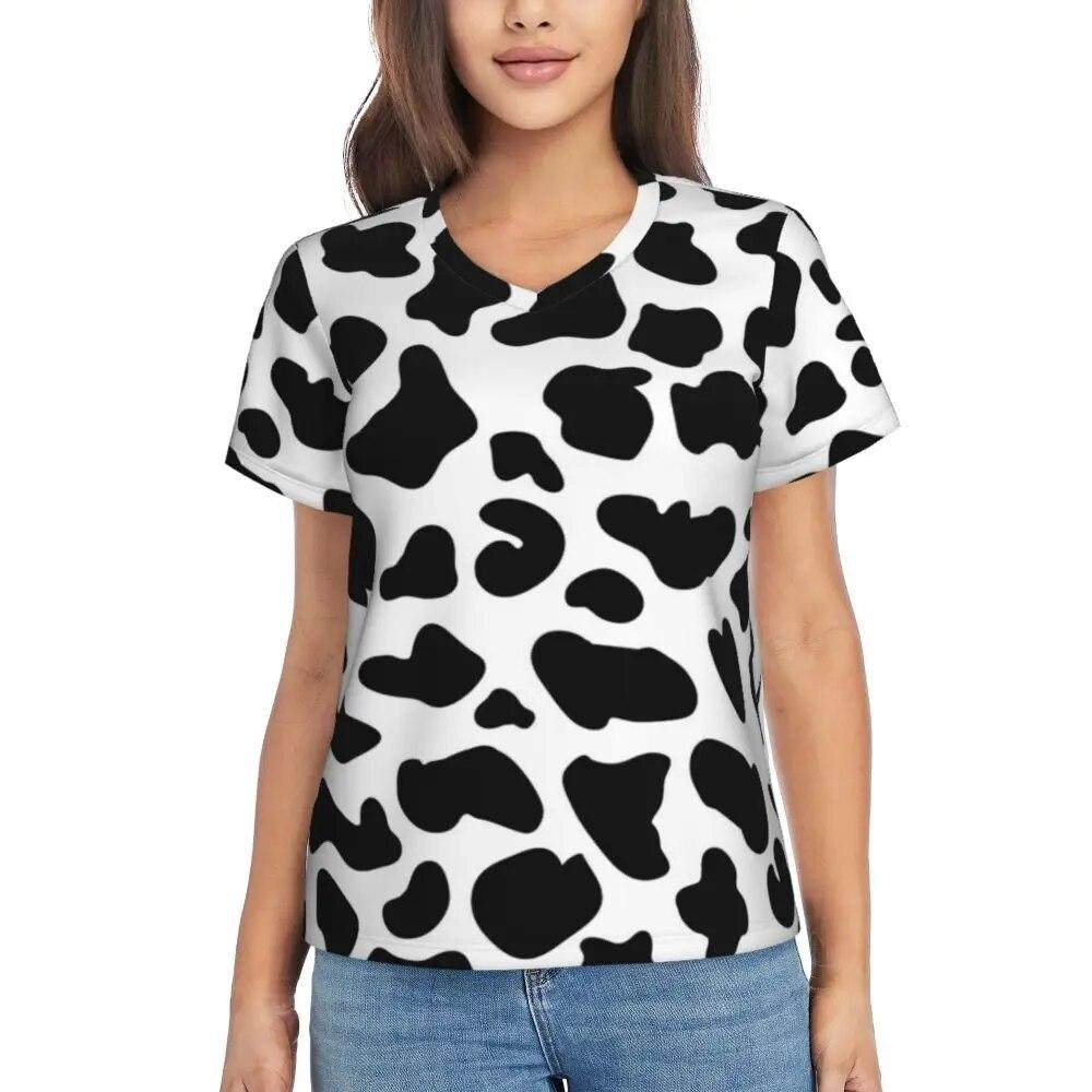 

Футболки з візерунком корови, чорні плями, принт з V-подібним вирізом, повсякденна оверсайз-футболка з короткими рукавами, жіноча естетична футболка, літній дизайн, топи M