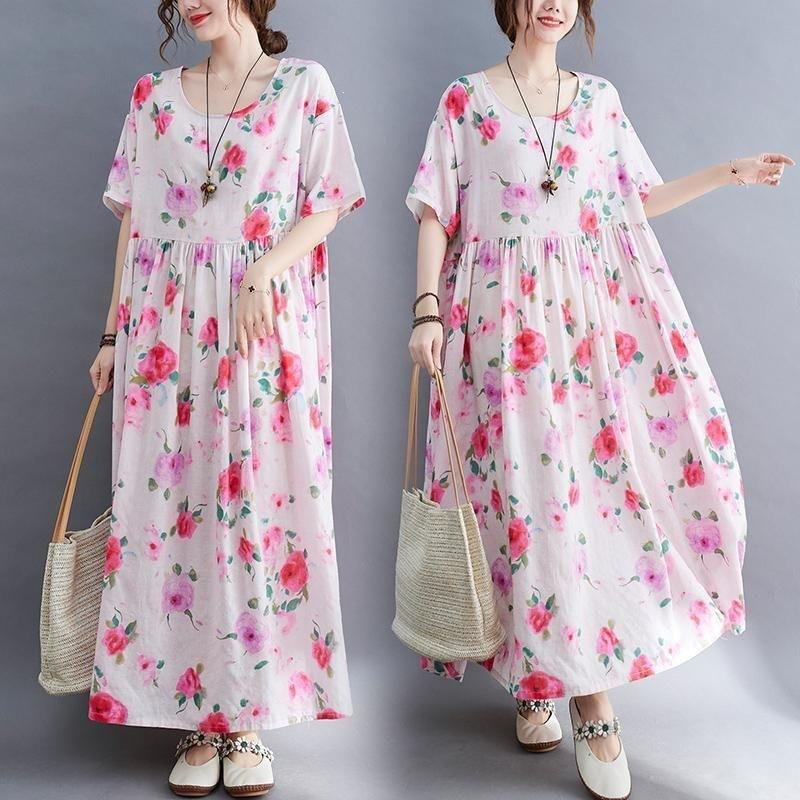 Summer New Literary Age Reduction Large Size Loose and Thin Printed Short-sleeved Long Dress with Pockets Over the Knee Skirt