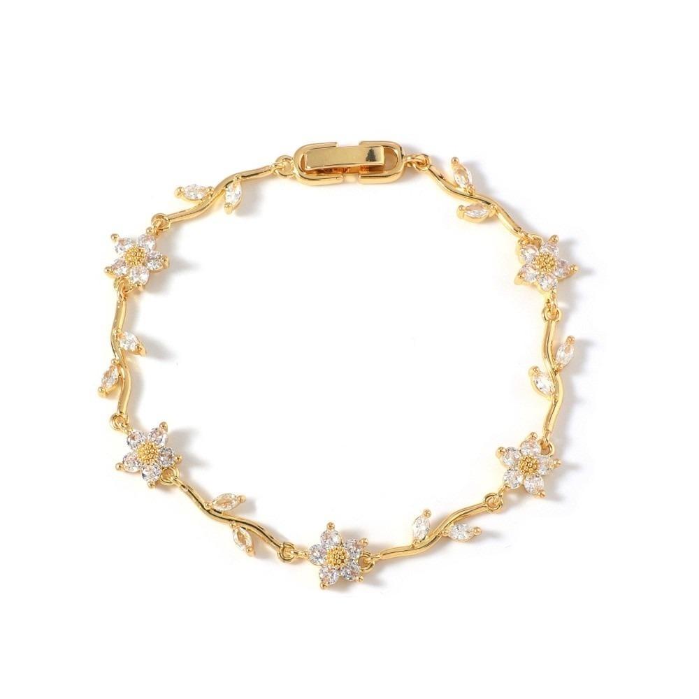 Elegant Flower Rhinestone Bracelet Shiny Zircon Hand Chain Stackable Leaves Wrist Jewelry Women