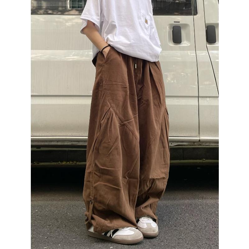 Fat Brother Men's Wide Leg Retro Pleated Pants: Elastic Waist, Loose Fit, Floor-Length, Hong Kong Style for Spring & Autumn