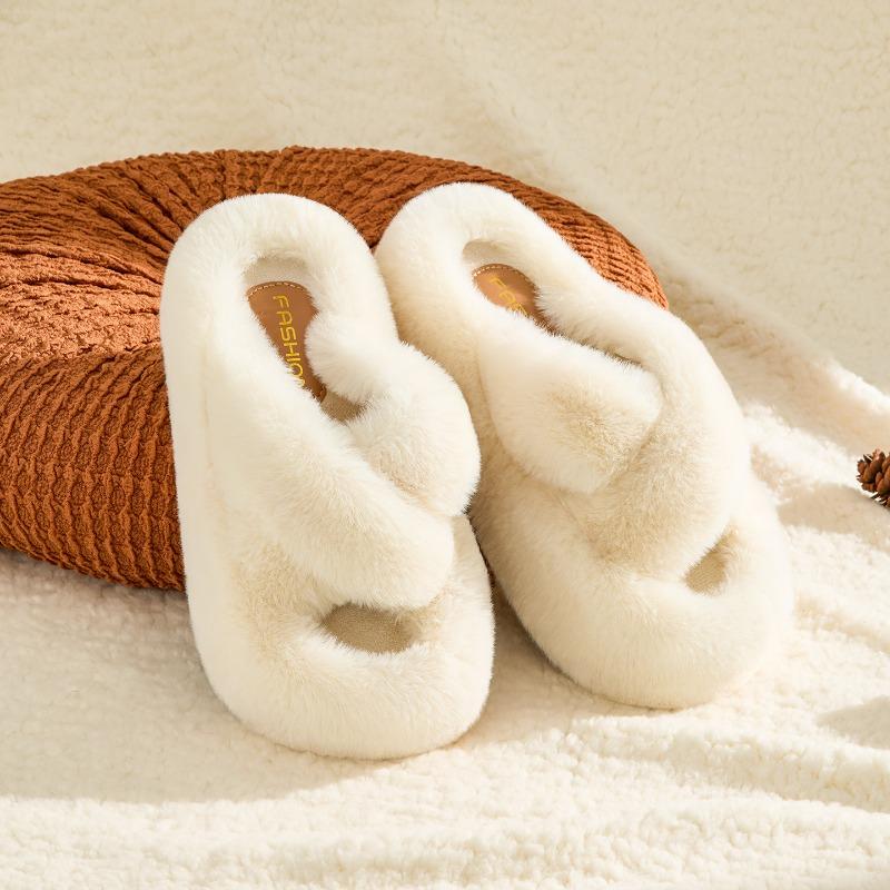 Crossed fluffy slippers women's outer wear new indoor home thick-soled fluffy plush shoes autumn and winter models