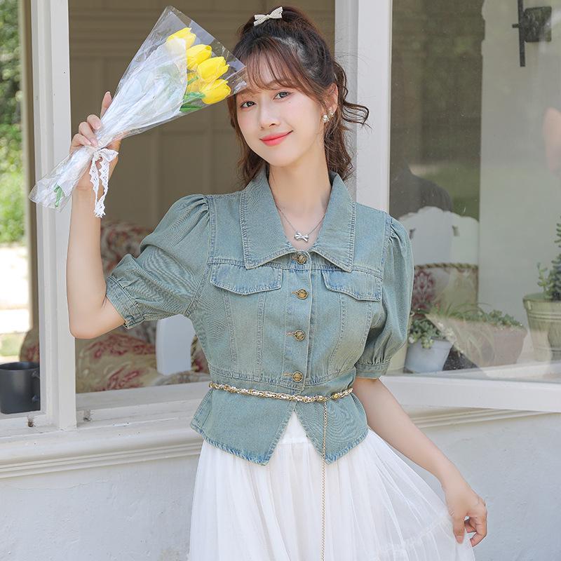 Women s Short-Sleeve Denim Puff Shirt – 2026 Summer Retro Hong Kong Style Medium светло-синий