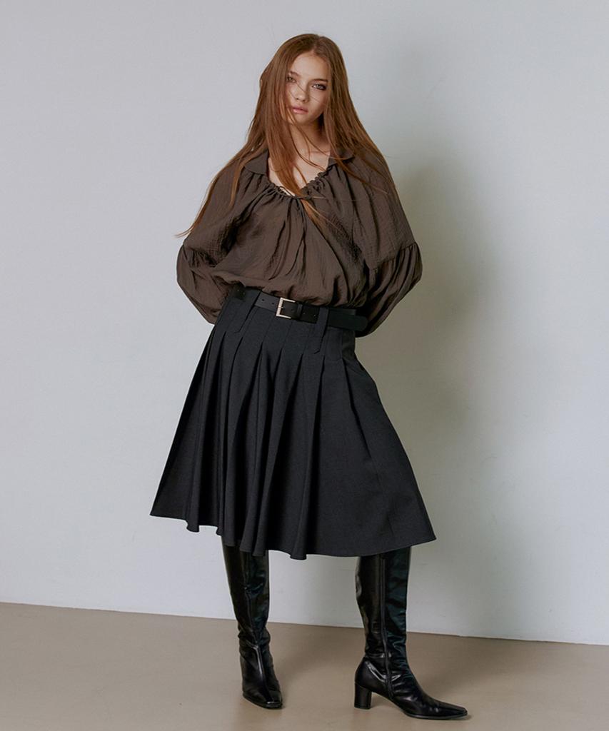 GANISONG Shirred Collar Blouse_Khaki