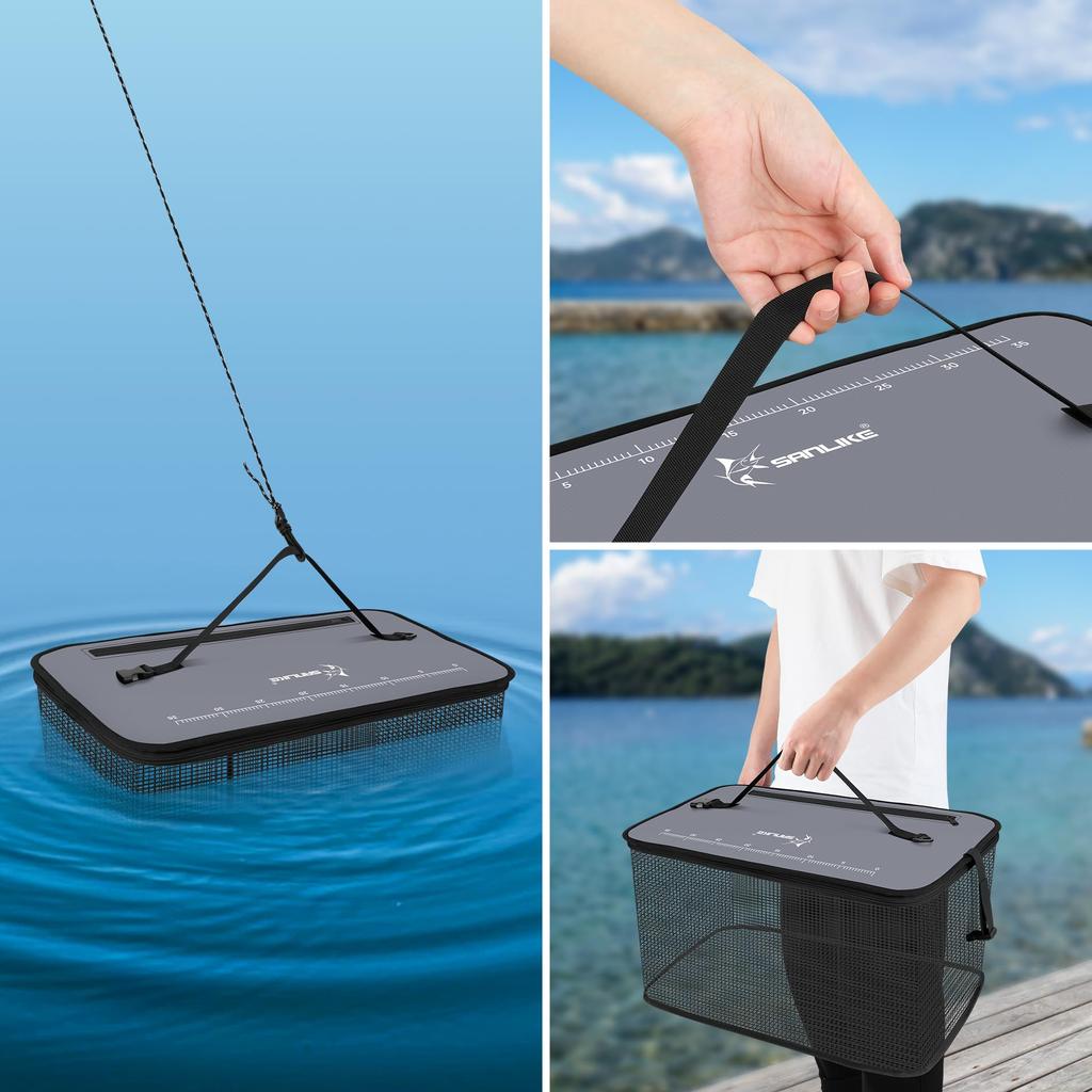 Folding Fishing Net, Floating Fishing Net, Live Net, Fishing Bucket, Multi-functional Fishing Tackle, Fishing Case, Bucket with Scale, Gray, Large