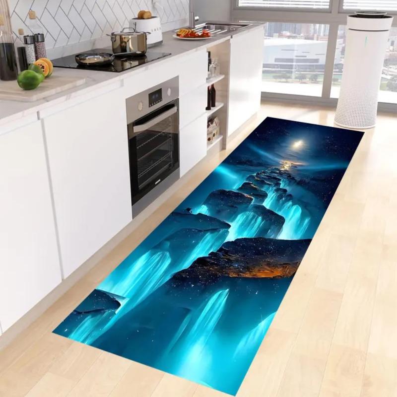 3D Luminescent Waterfall Carpet Glowing Cascade with Rock Cliff Print Runner Rug Ethereal Blue Flow Floor Mat Fashion and Beauty