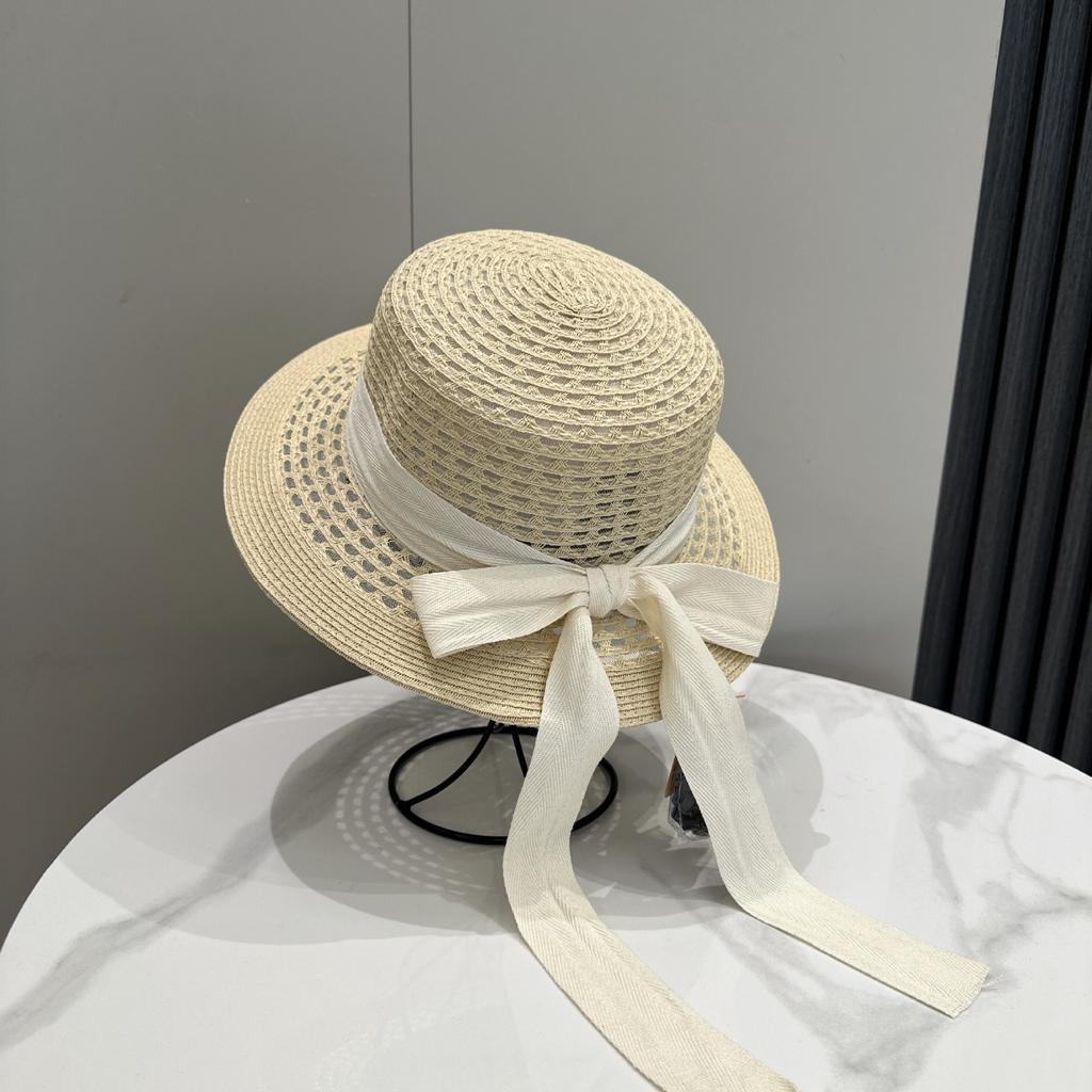 Korean Edition Summer Flat Top Straw Hat with Ribbon Bow Seaside Beach Vacation Sunscreen Hat for Children