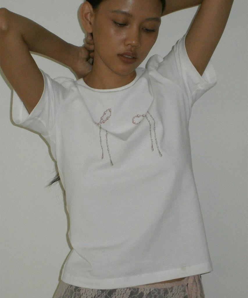 MILLO WOMEN Pearl Ribbon T-Shirt [White]