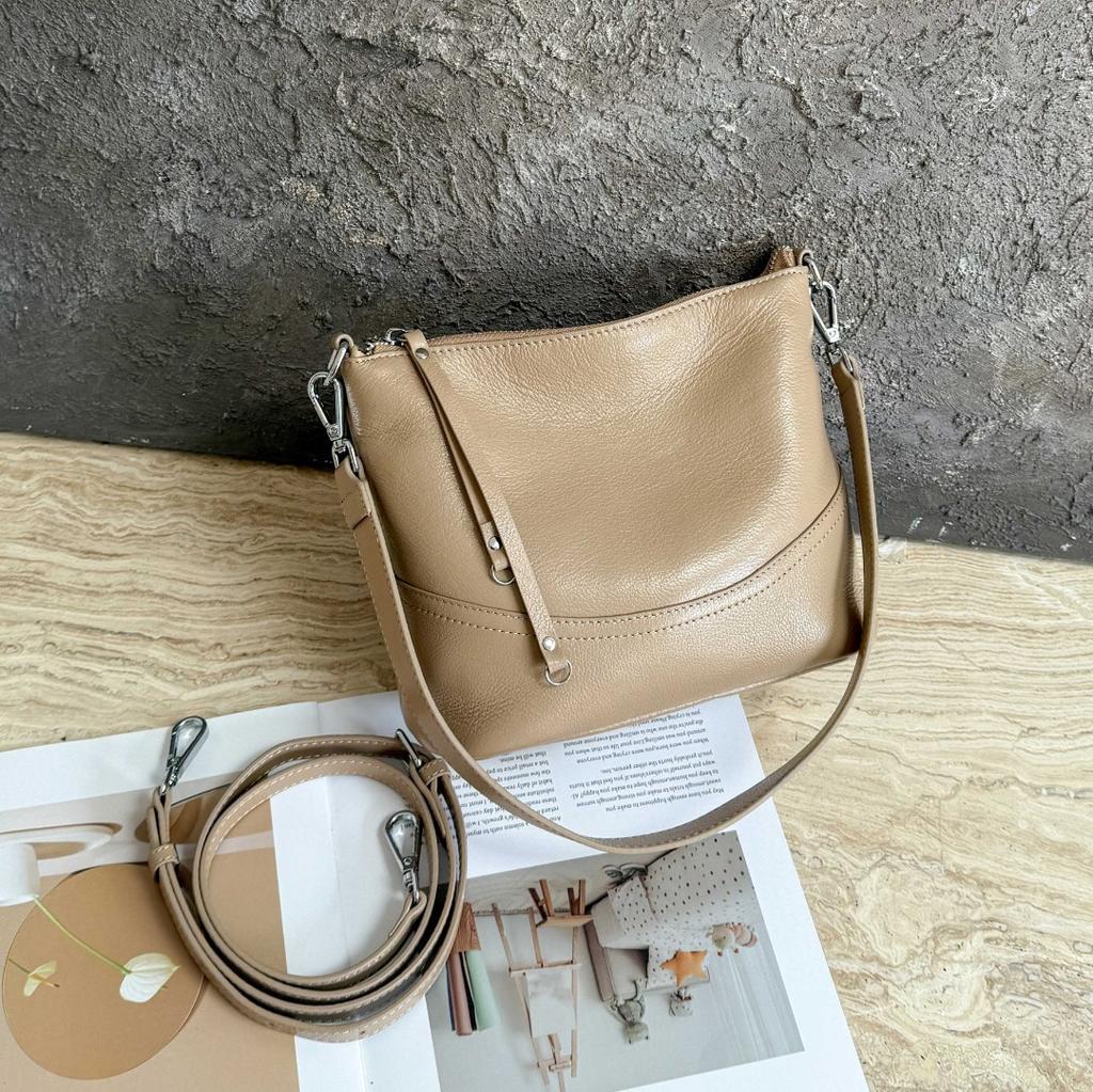 Women's Natural Cowhide Leather Crossbody Bag Two Straps- Cvertible Shoulder Purse for Effortless Commuting Minimalist Tote