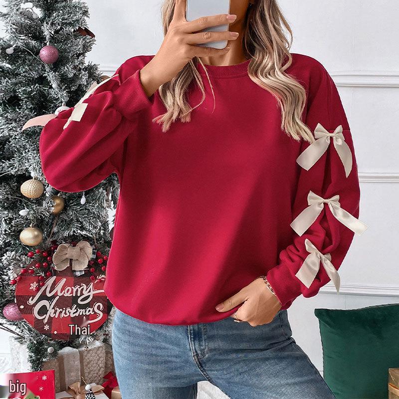 

2025 Autumn/Winter European & American Casual Bow Decor Women s Christmas Party Pullover Hoodie Medium червоний