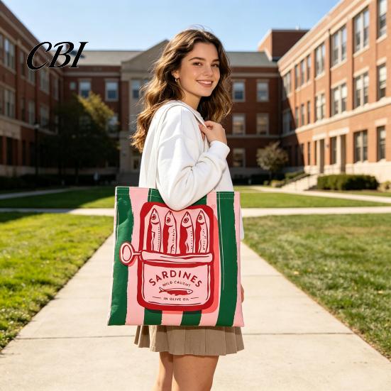 Durable Fabric School Bag Striped Canvas Tote, Sardine Can Pattern, Reusable Shopping Bag, Foldable Versatile Everyday Handbag Tote for Women Men Gym
